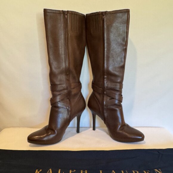 RALPH LAUREN LAVEDA BROWN LEATHER KNEE-HIGH BOOTS - Picture 3 of 11